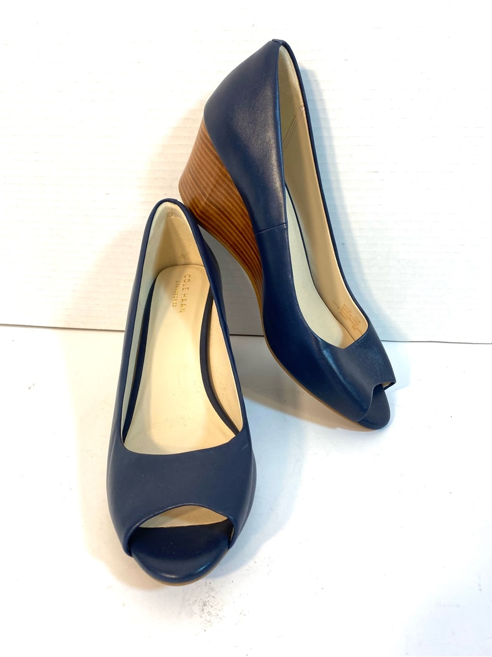 COLE HAAN Blue Leather Sadie Peep Toe Wedge Shoes